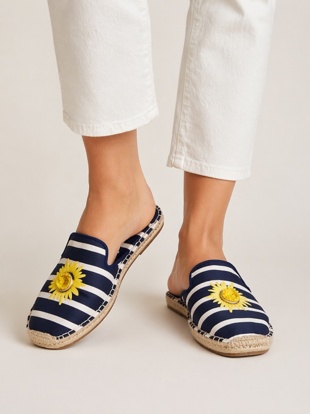 kate spade Navy & White Solero Striped Espadrille Mules Yellow Floral Applique